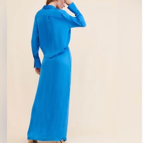 Free People Women’s Aida Collared Long Sleeve Silky Cobalt Blue Shirt Maxi Dress - Picture 5 of 15